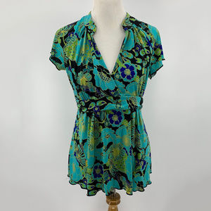 JTB Floral Aqua Blue and Lime Blouse Large